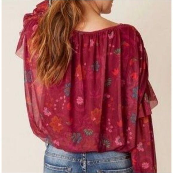 Free People Wildflower Honey maroon ruffled long sleeve blouse - Picture 2 of 9
